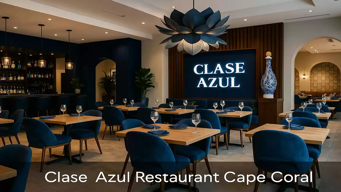 Elegant restaurant with blue chairs and modern decorations, named Clase Azul in Cape Coral.