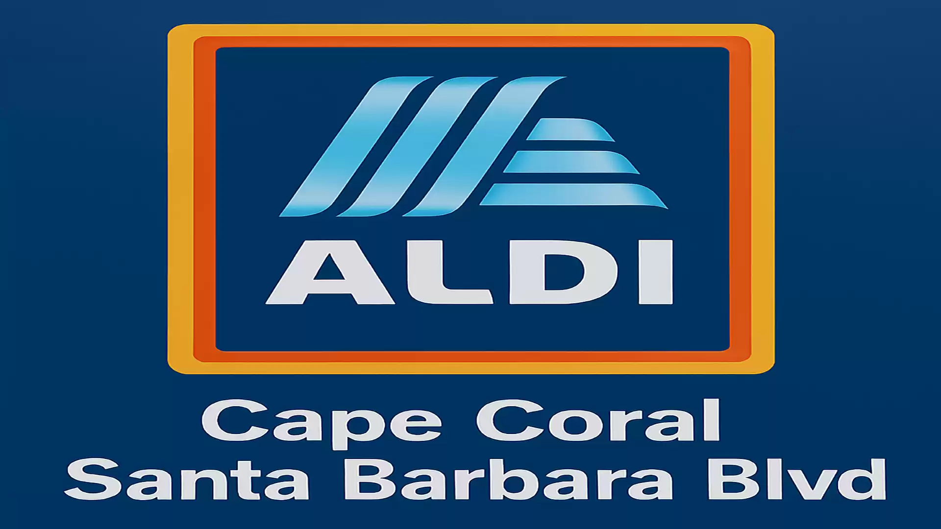 ALDI logo with text 'Cape Coral Santa Barbara Blvd' on a blue background.