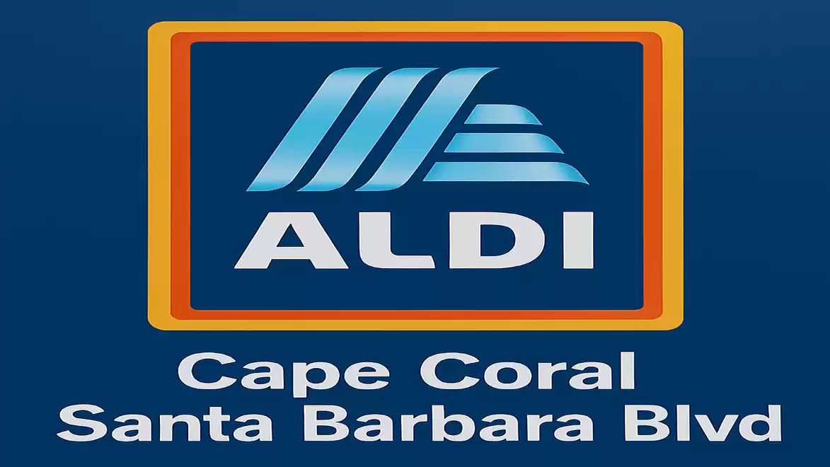 ALDI logo with text 'Cape Coral Santa Barbara Blvd' on a blue background.