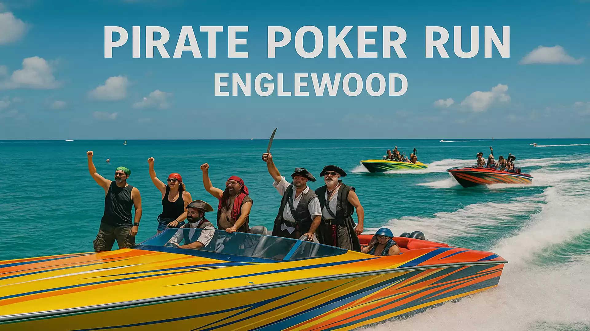 A vibrant speedboat with a group of people in pirate costumes racing across the sea. Several other boats are visible in the background. The sky is blue with a few clouds. Text: Pirate Poker Run Englewood.