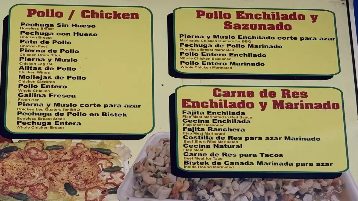 Image shows a menu with Mexican dishes, including chicken and beef options. The menu items are in Spanish and English.