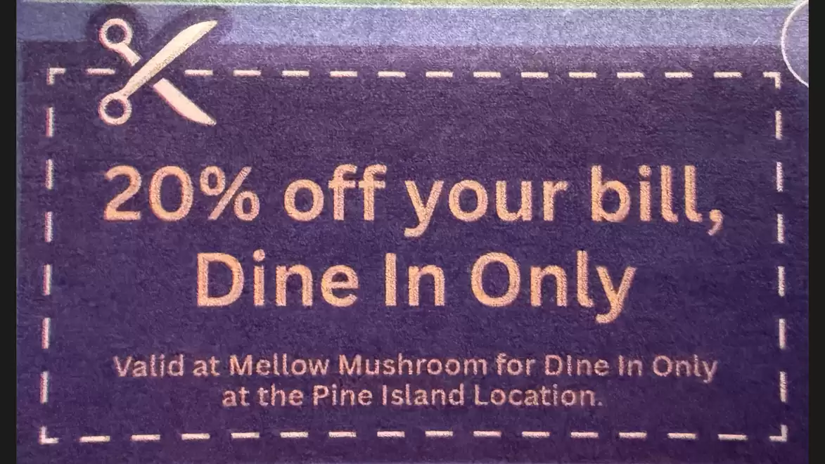 Purple discount coupon for 20% off the bill, valid for dine-in only at Mellow Mushroom Pine Island location.