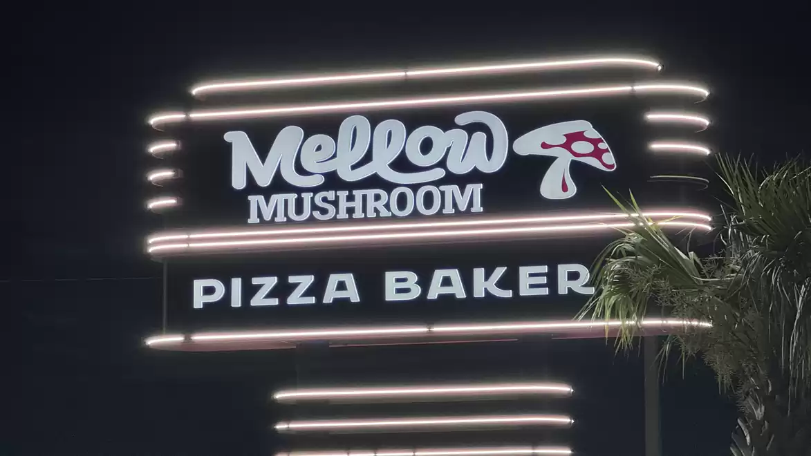 Illuminated Mellow Mushroom pizza baker sign at night with palm leaf in the foreground.