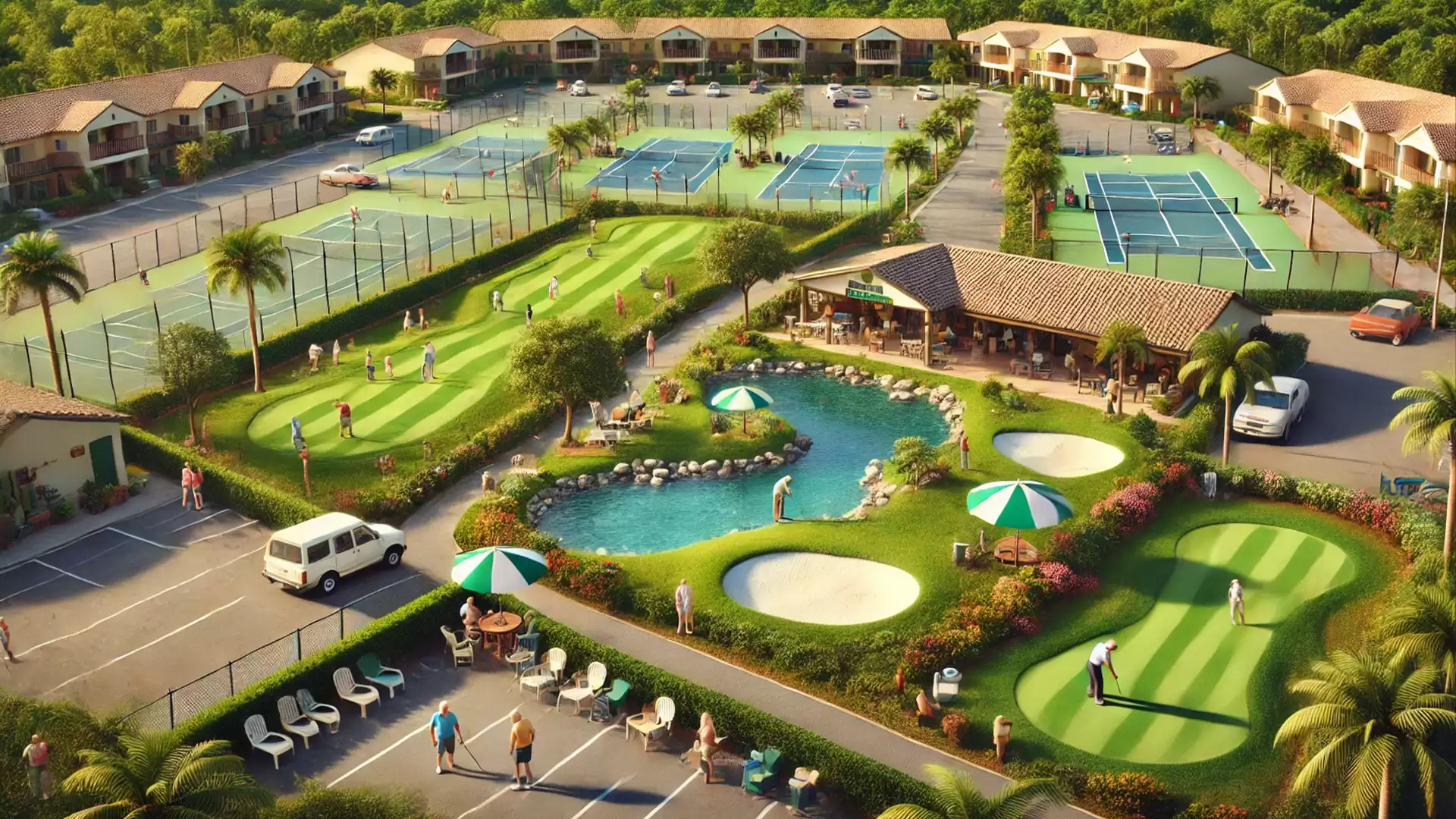 A resort featuring tennis courts, a golf course, and swimming pools in a tropical setting.