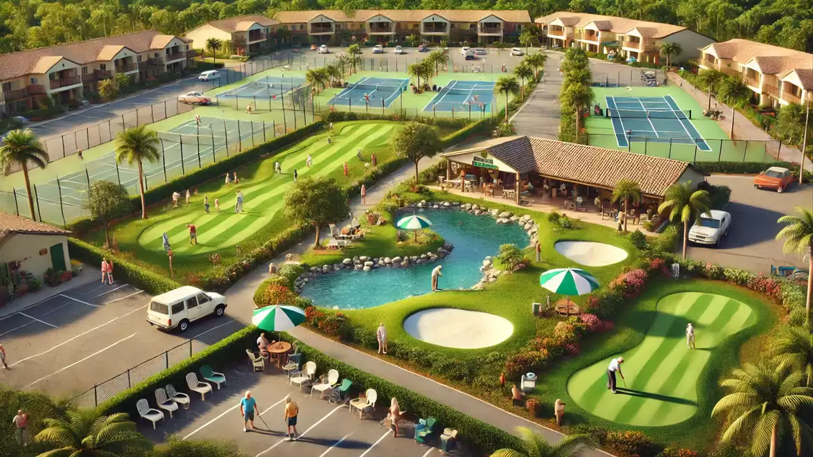 A resort featuring tennis courts, a golf course, and swimming pools in a tropical setting.
