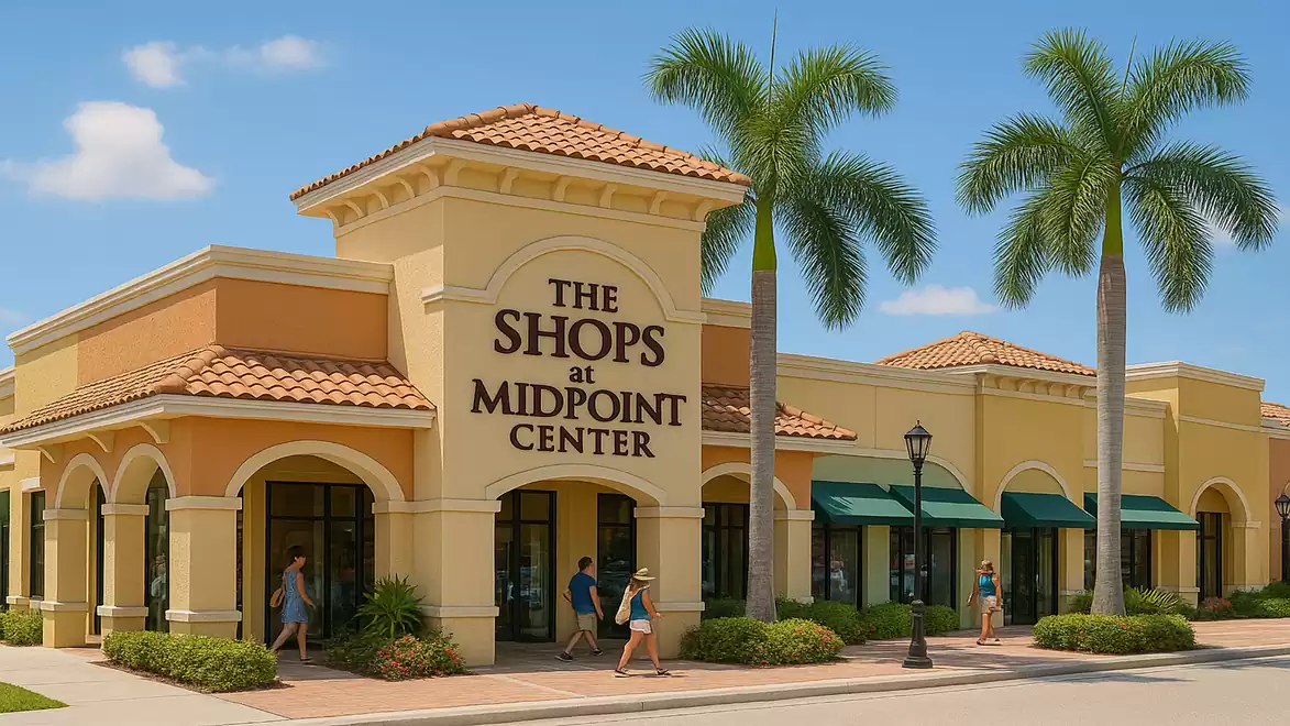 Shopping center with palm trees and multiple shops under sunny weather.