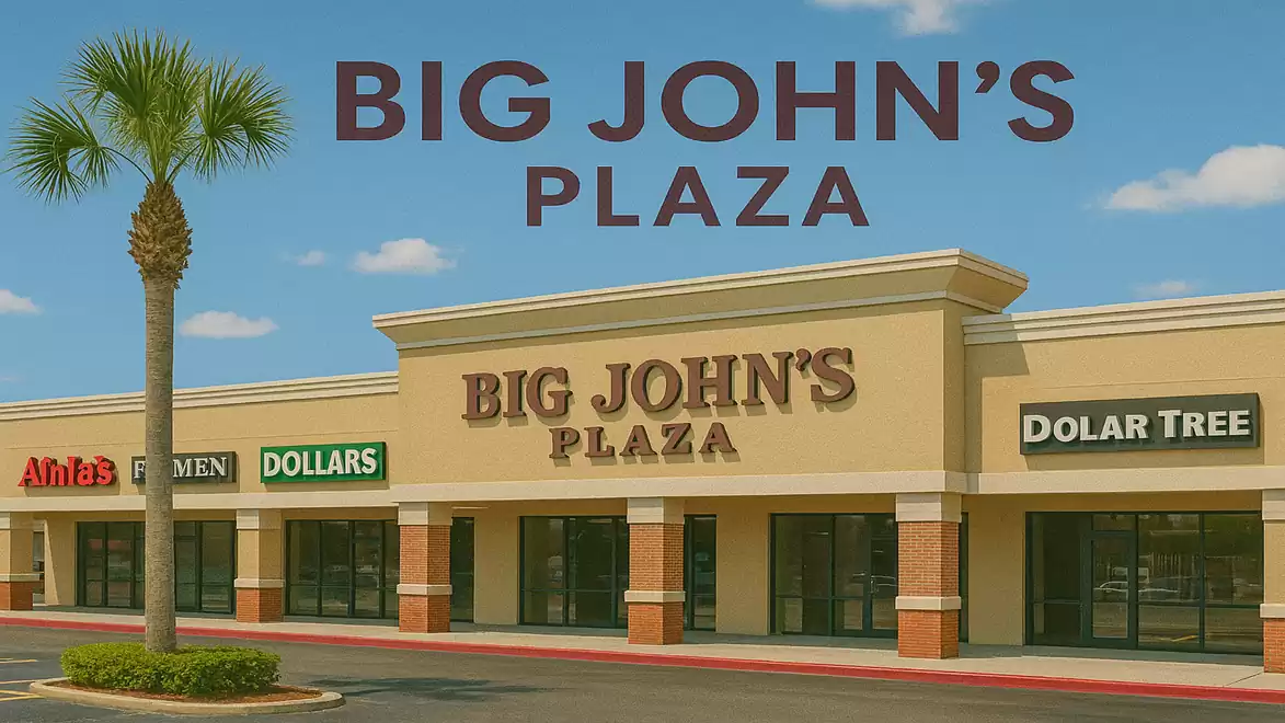 Shopping center 'Big John's Plaza' with stores and a palm tree in the foreground.