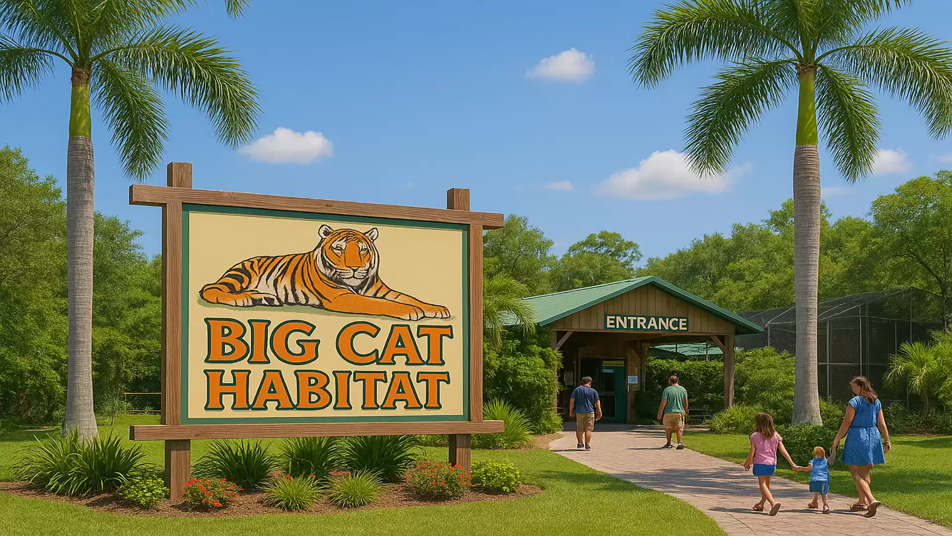 Entrance to the Big Cat Habitat with a sign showing a tiger. People walk along a paved path surrounded by lush palms and plants.