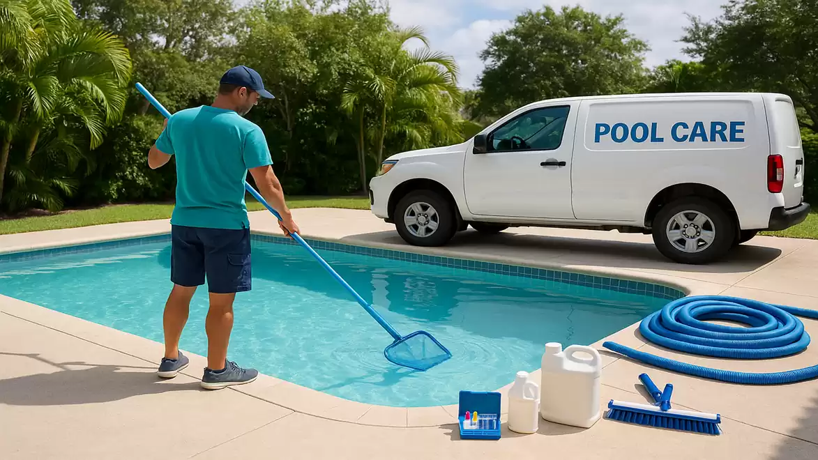 A man cleans a pool using a skimmer. A van labeled 'Pool Care' is in the background, surrounded by pool cleaning tools.