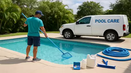 A man cleans a pool using a skimmer. A van labeled 'Pool Care' is in the background, surrounded by pool cleaning tools.