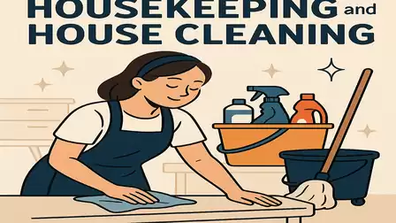 Woman cleaning with cleaning supplies and bucket, illustration of housekeeping.