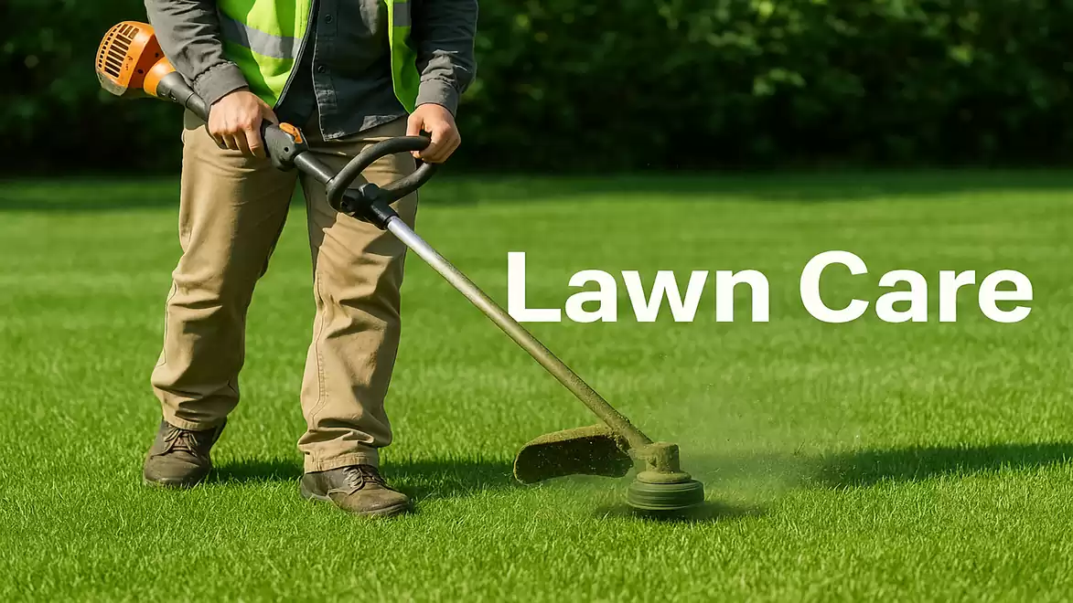 A person trimming the lawn with a string trimmer, with the text 'Lawn Care' beside them.