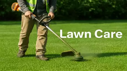 A person trimming the lawn with a string trimmer, with the text 'Lawn Care' beside them.