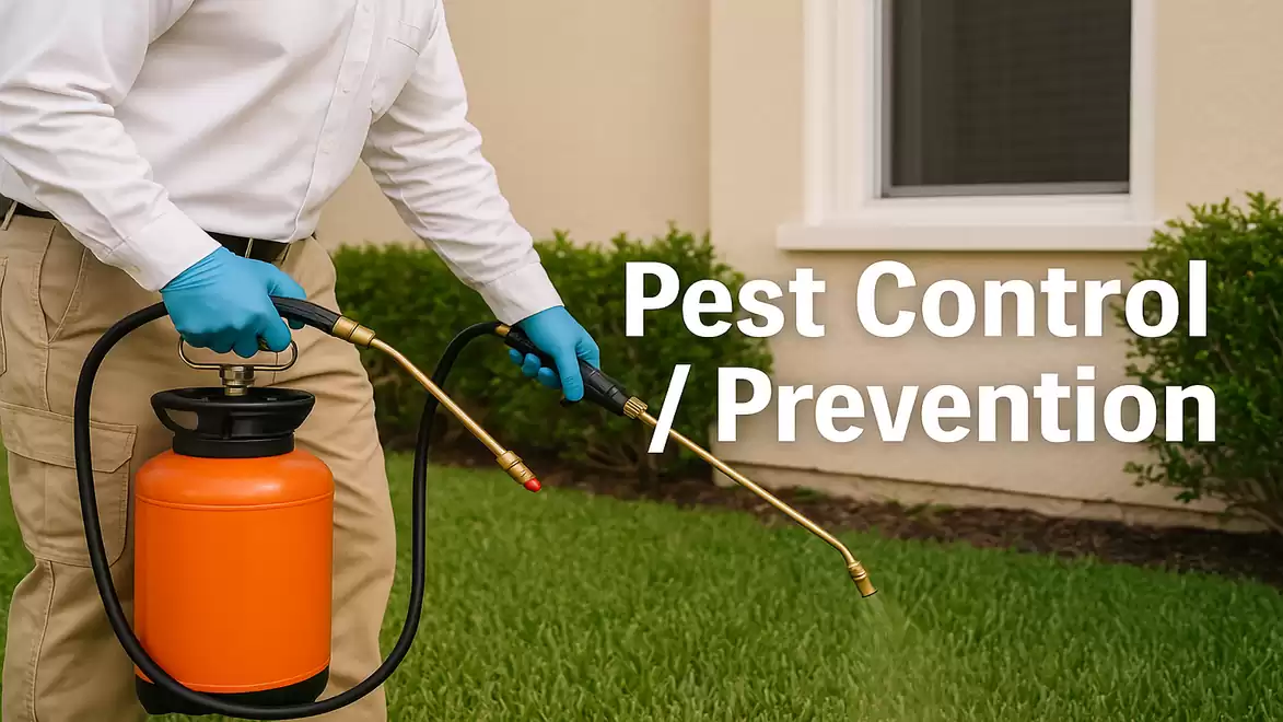 Person spraying pesticides on lawn for pest control at a house.