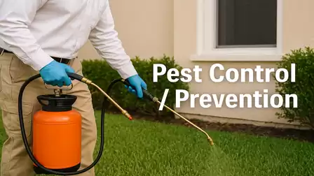 Person spraying pesticides on lawn for pest control at a house.