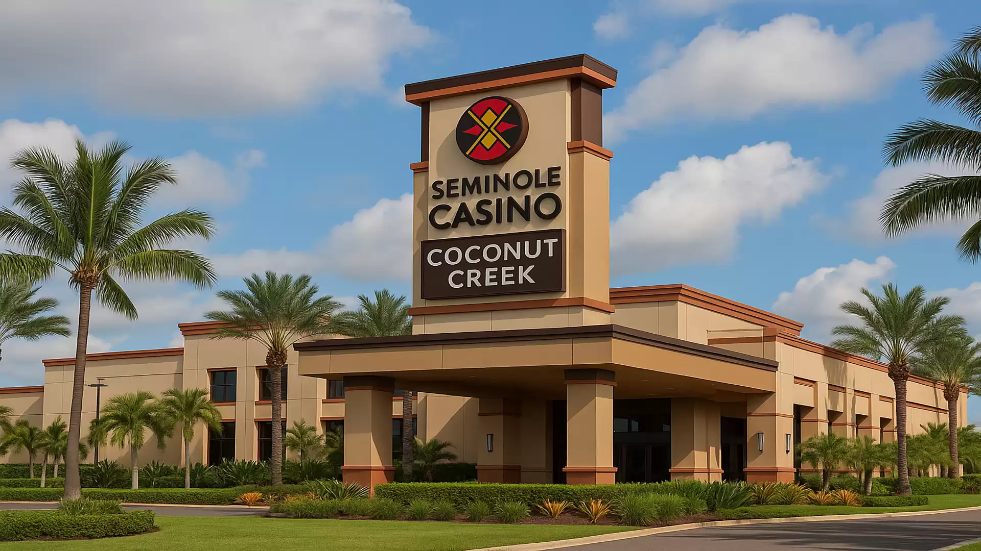 The image shows the Seminole Casino Coconut Creek building, surrounded by palm trees and a clear blue sky.