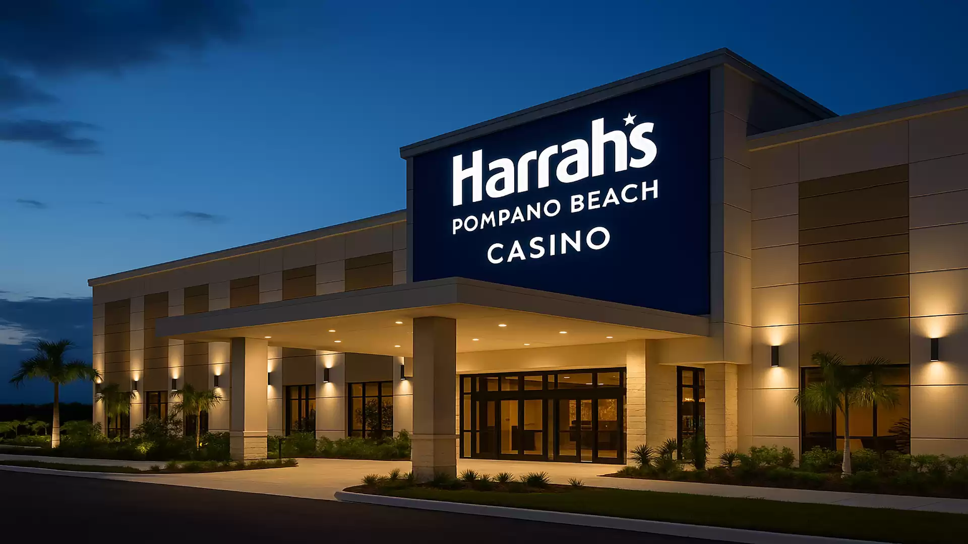 Night view of a modern casino with illuminated entrance and palm trees in the foreground.
