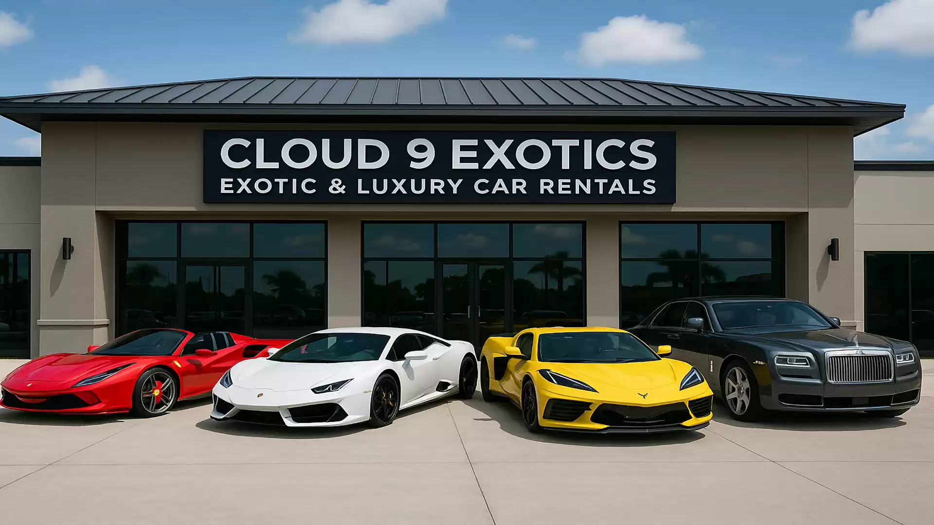 Four luxury cars in front of the Cloud 9 Exotics building, a luxury car rental provider.