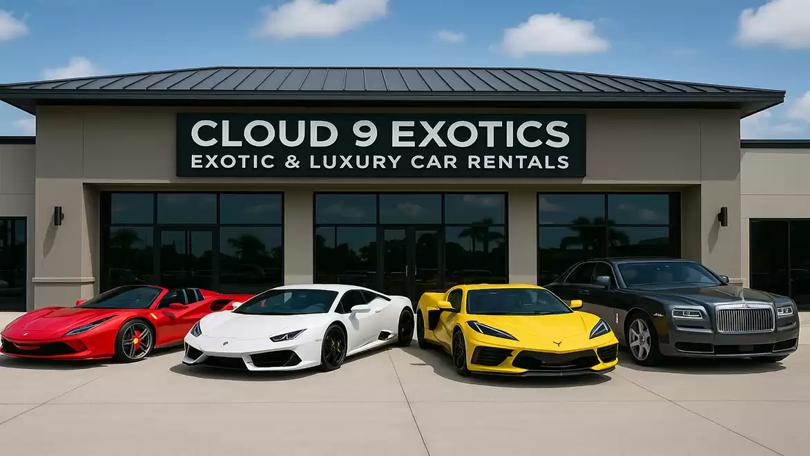 Four luxury cars in front of the Cloud 9 Exotics building, a luxury car rental provider.
