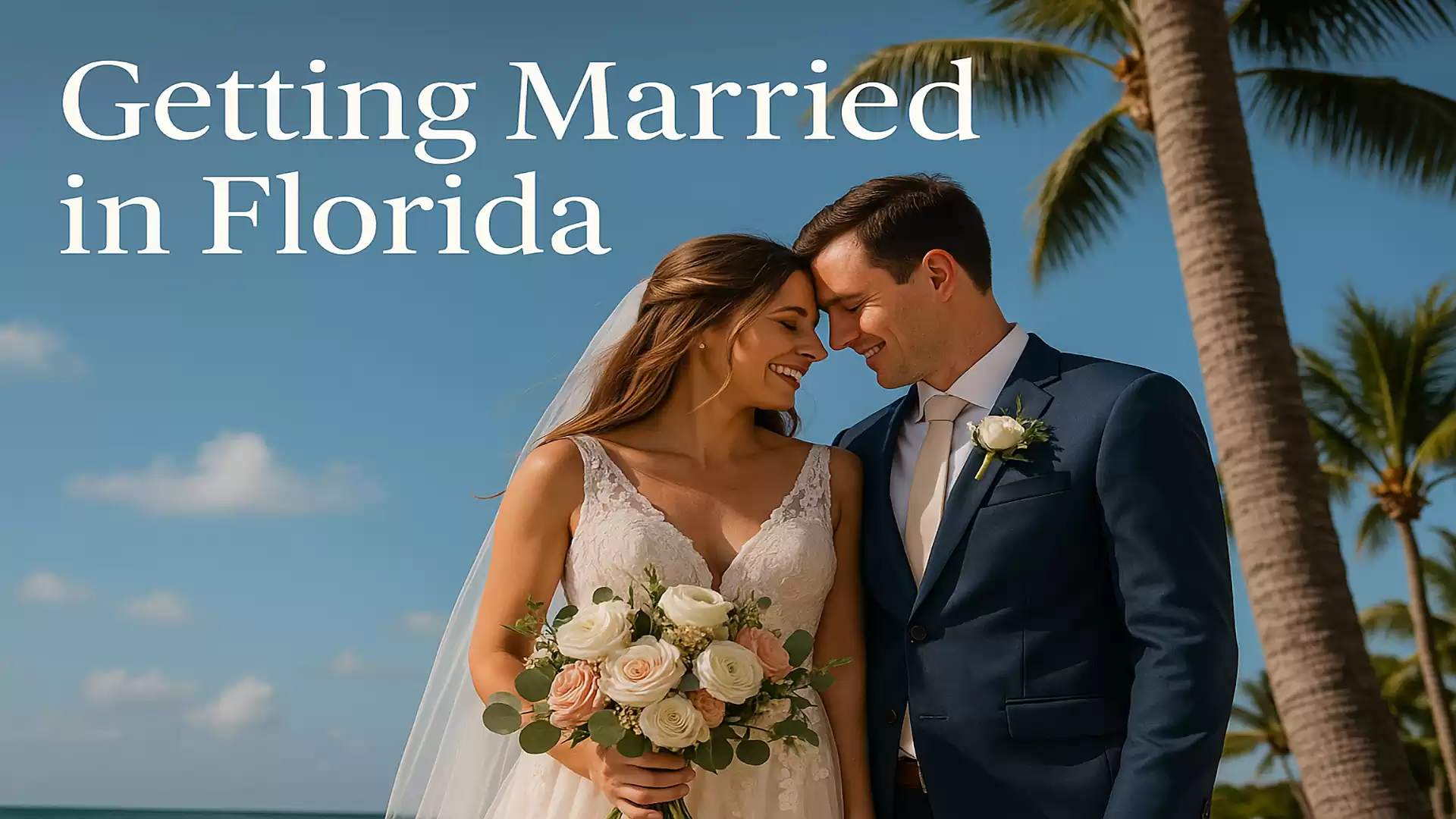 A wedding couple in Florida under palm trees with a bright sky.