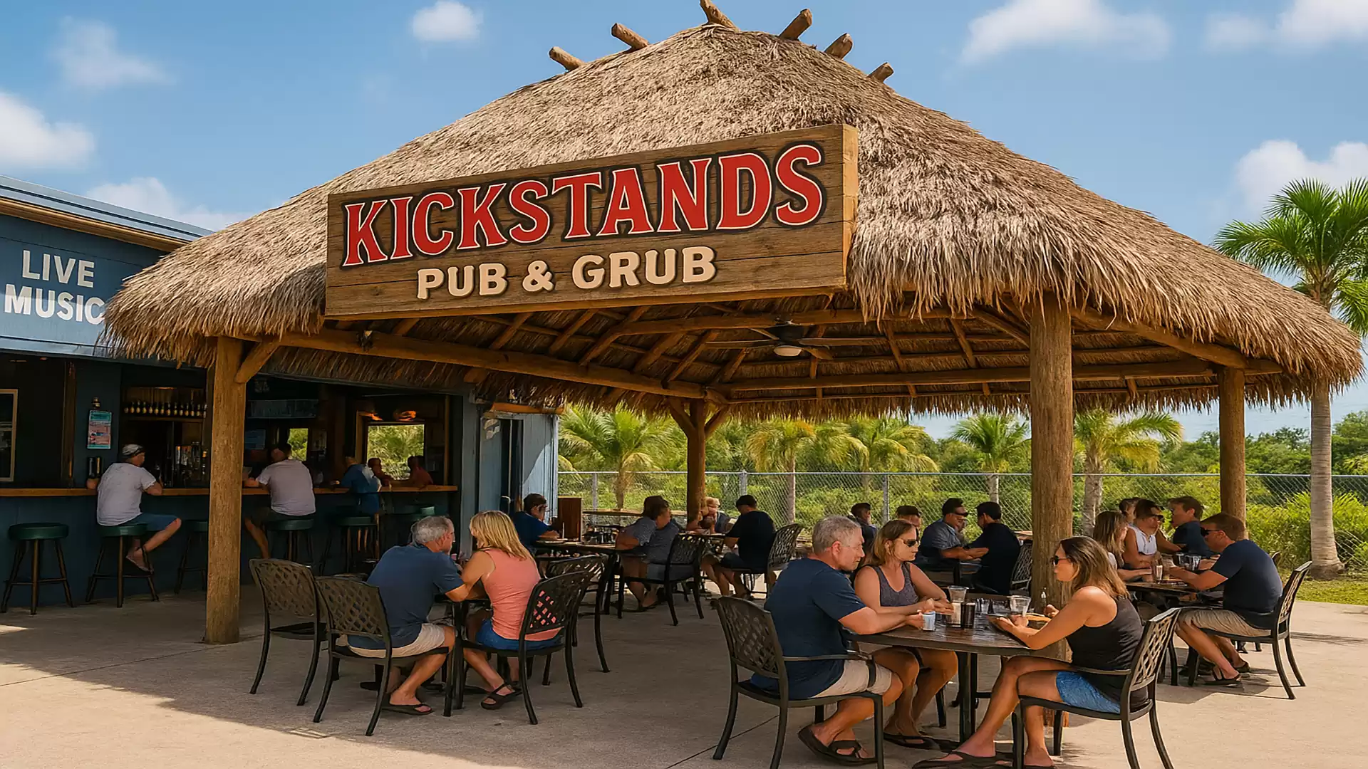 Outdoor area of a tropical restaurant with a thatched roof, where guests sit at tables and eat. The sign reads 'KICKSTANDS PUB & GRUB'. Palm trees and blue sky in the background.