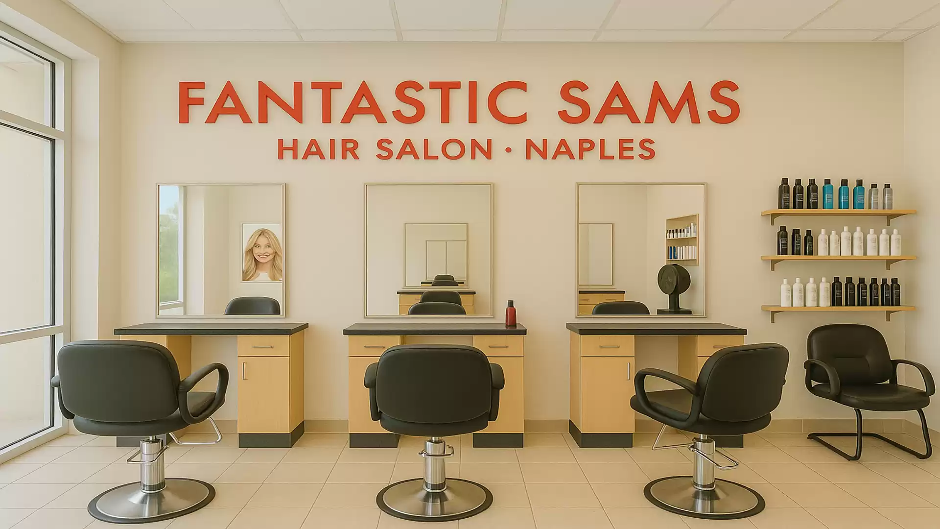 Interior view of a hair salon with three empty styling chairs and mirrors, decorated with the sign 'Fantastic Sams Hair Salon Naples'.