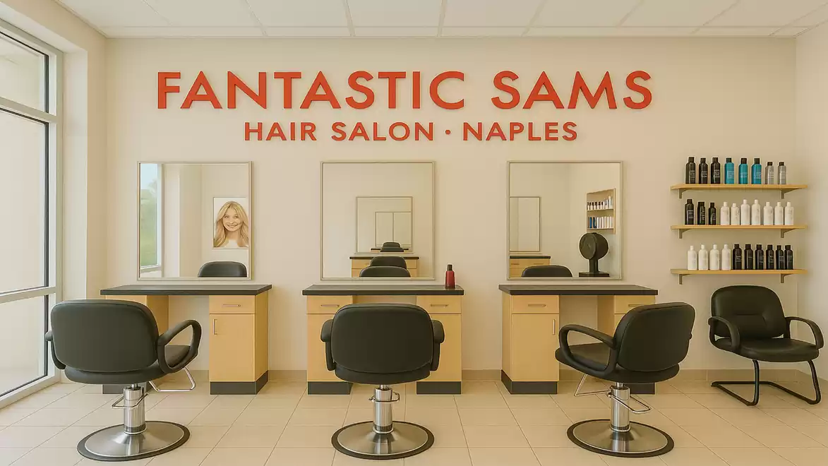 Interior view of a hair salon with three empty styling chairs and mirrors, decorated with the sign 'Fantastic Sams Hair Salon Naples'.
