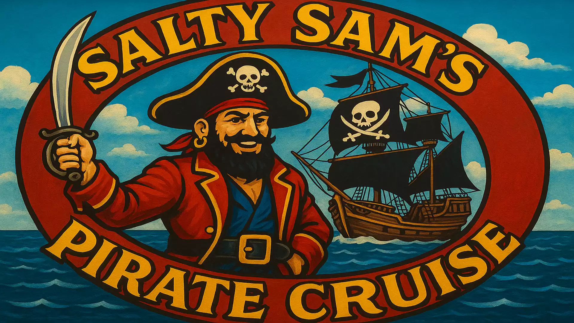 Logo featuring a pirate and pirate ship, surrounded by an oval frame with the text 'Salty Sam's Pirate Cruise' in yellow letters on a red background.