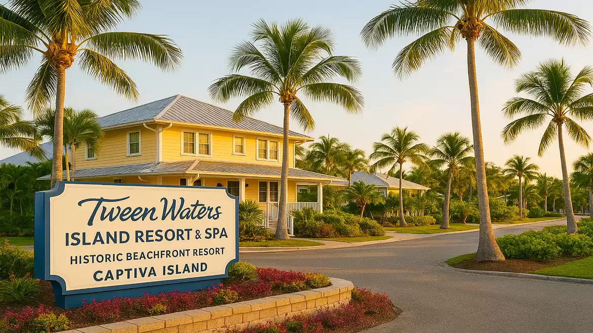 A sunny image shows the Tween Waters Island Resort & Spa on Captiva Island. A large sign is visible in front of light yellow buildings with palm trees in the background.