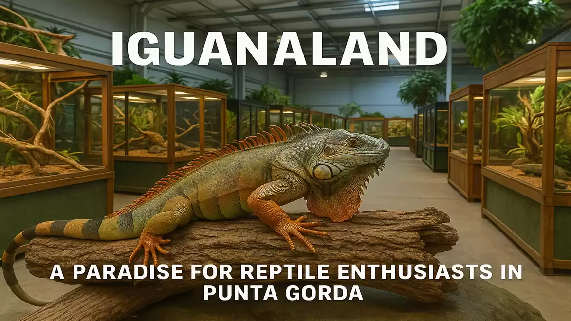 A large iguana rests on a log inside an enclosure surrounded by several terrariums. Plants and lighting are visible in the background.