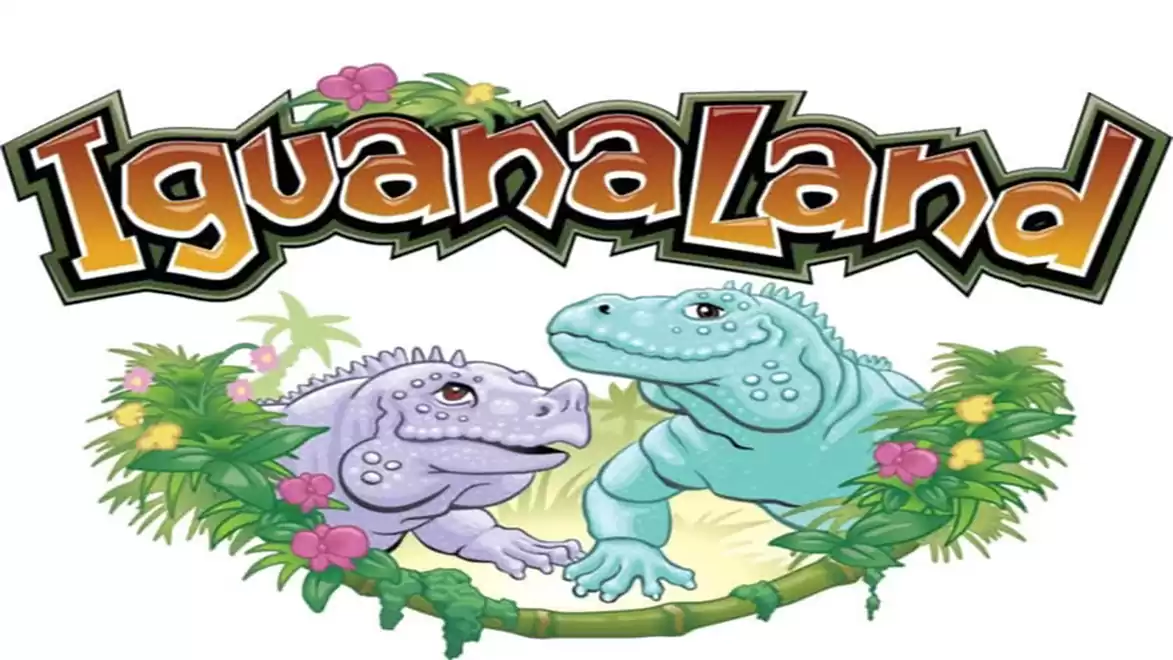 Illustration of two friendly iguanas with the text 'IguanaLand', surrounded by plants and flowers.