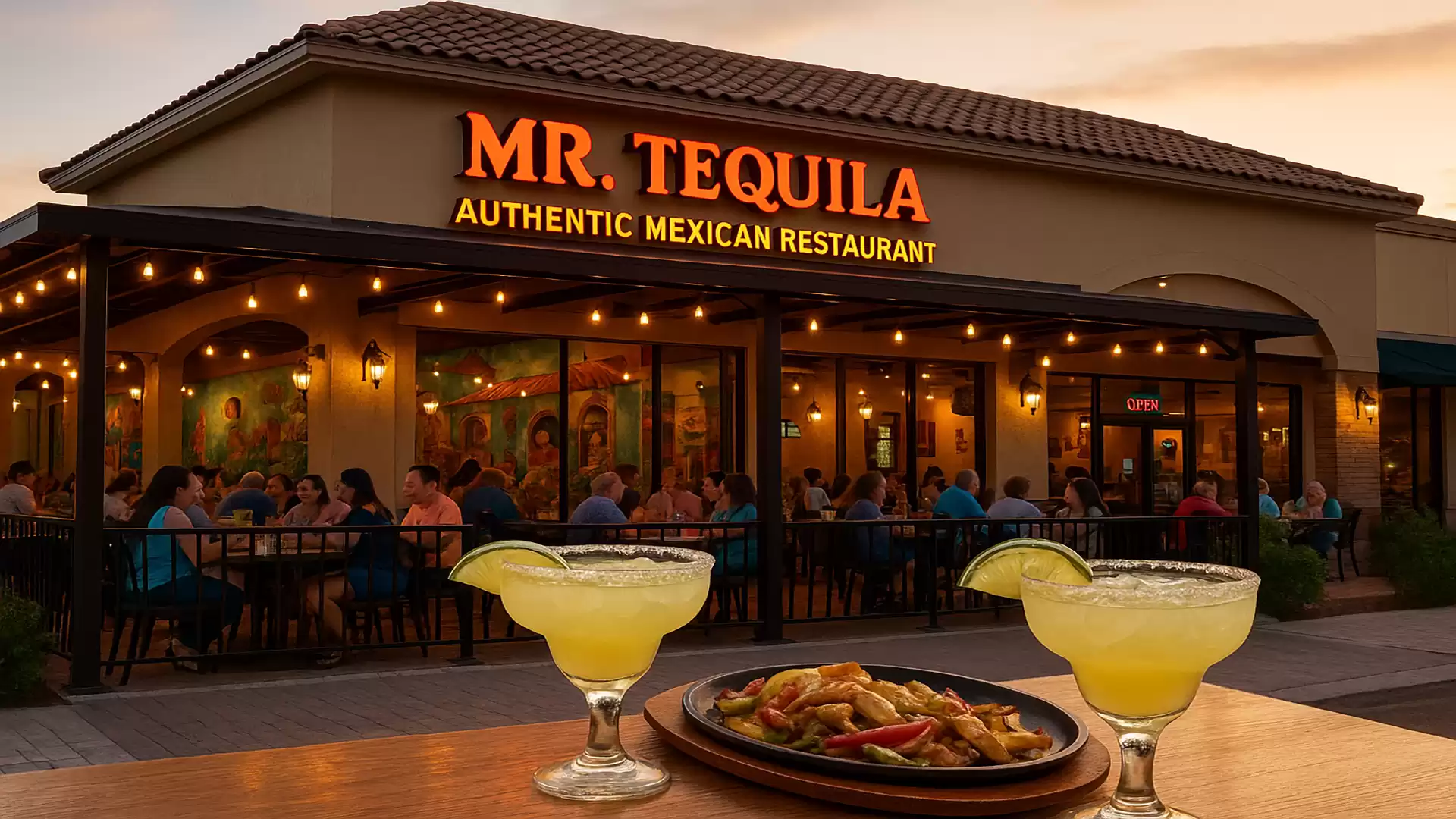 Exterior view of a Mexican restaurant at sunset with guests on the terrace and two margaritas in the foreground.