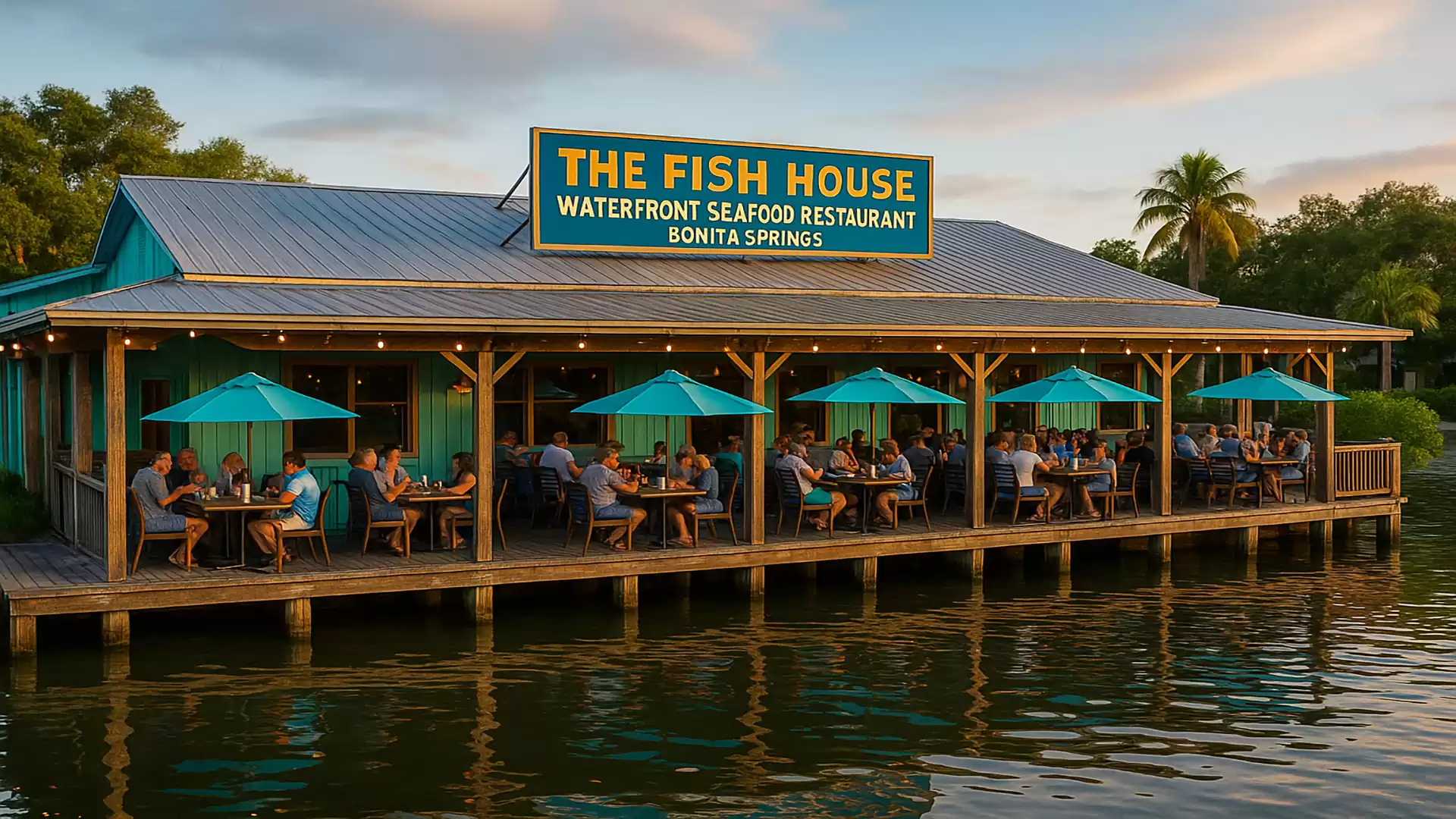 A waterfront restaurant with blue umbrellas and people dining outside.