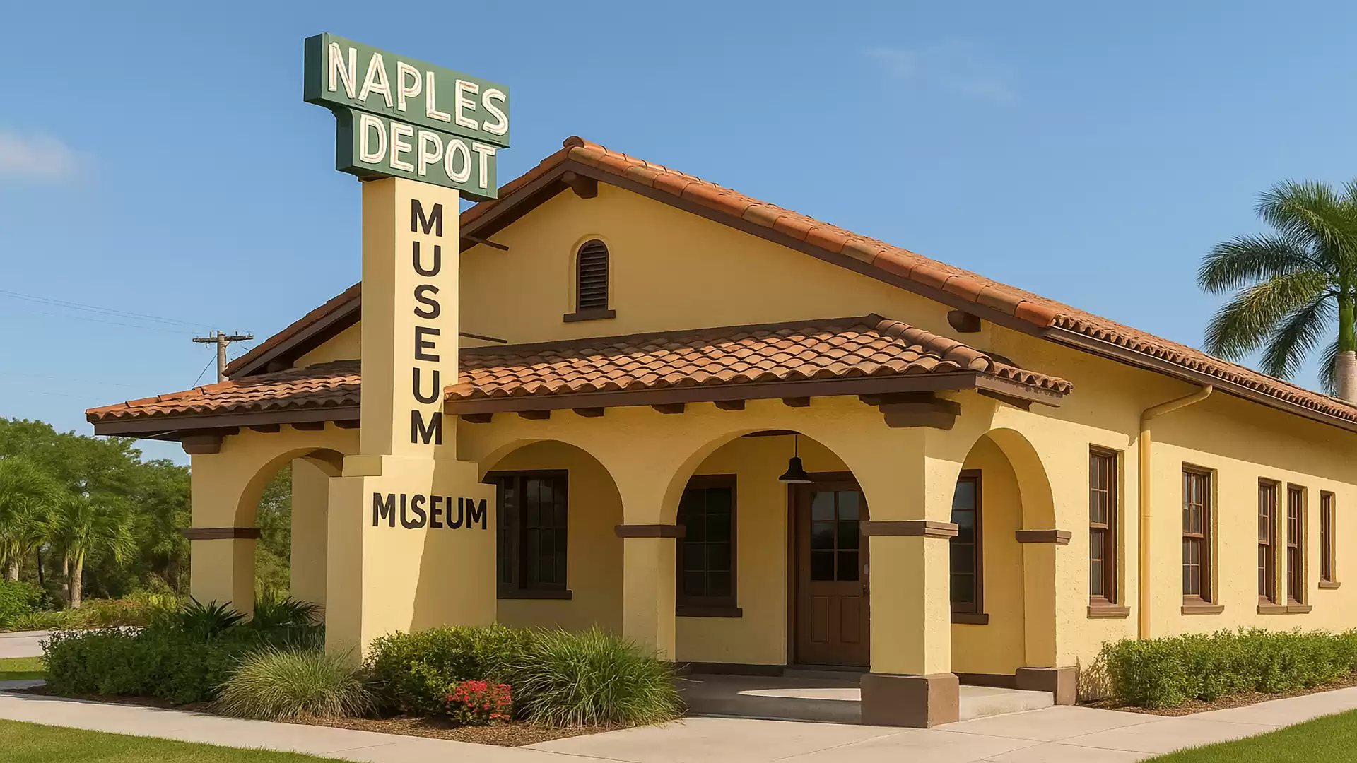 Exterior view of the historic Naples Depot Museum in Florida with Mediterranean architecture.