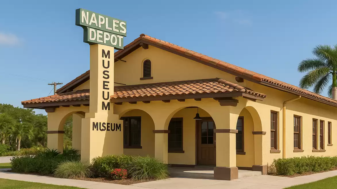 Exterior view of the historic Naples Depot Museum in Florida with Mediterranean architecture.