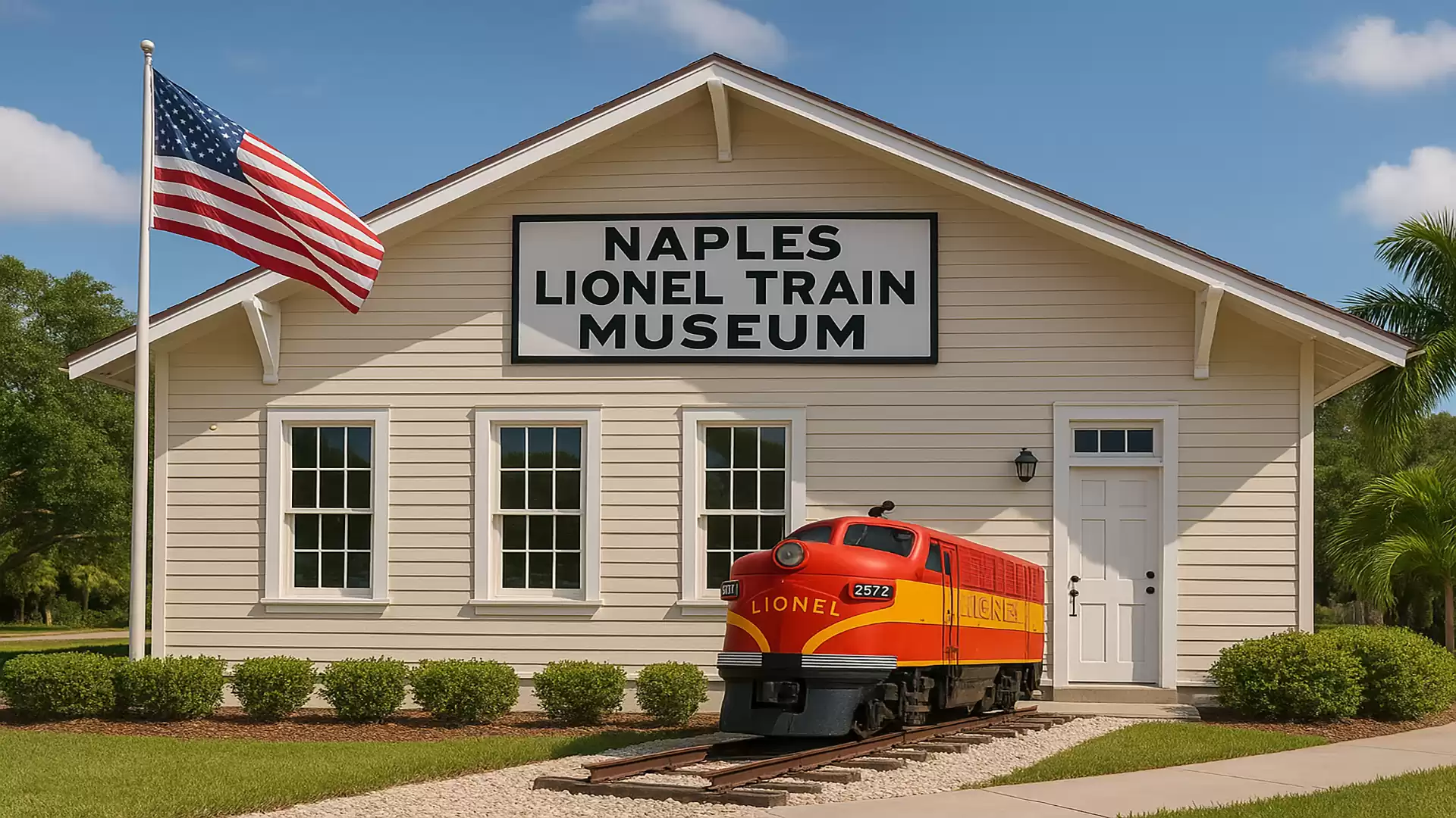 The Naples Lionel Train Museum with an American flag and a small red train outside.