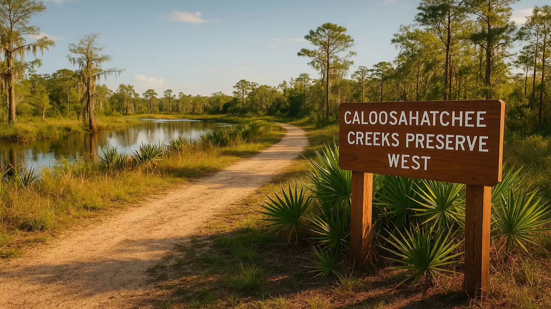 A nature trail in Caloosahatchee Creeks Preserve West, surrounded by trees and a calm body of water under a blue sky.