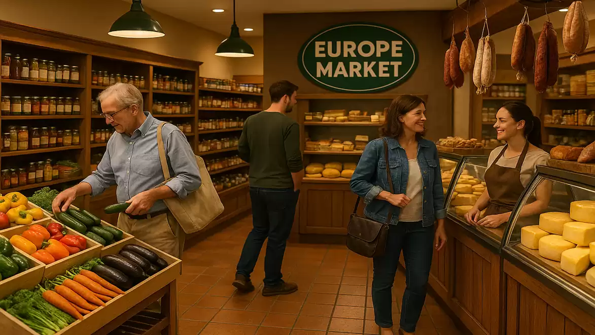 A store with a cheese counter and fresh produce. Customers are browsing and talking with a seller.