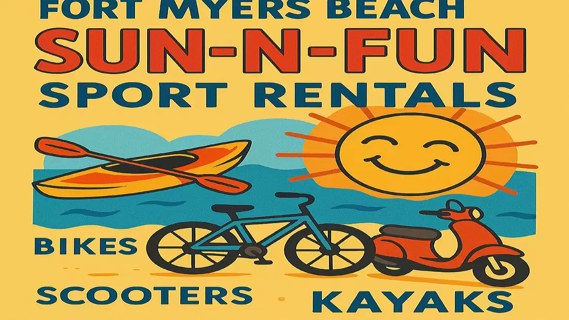 Illustration of Fort Myers Beach Sun-N-Fun Sport Rentals featuring a smiling sun face, a kayak, a bicycle, and a scooter.