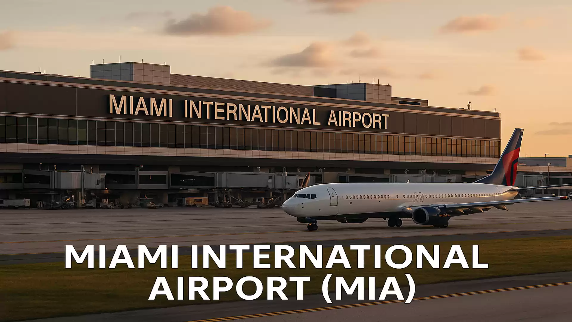 An airplane taxiing on the runway in front of the Miami International Airport building at sunset.