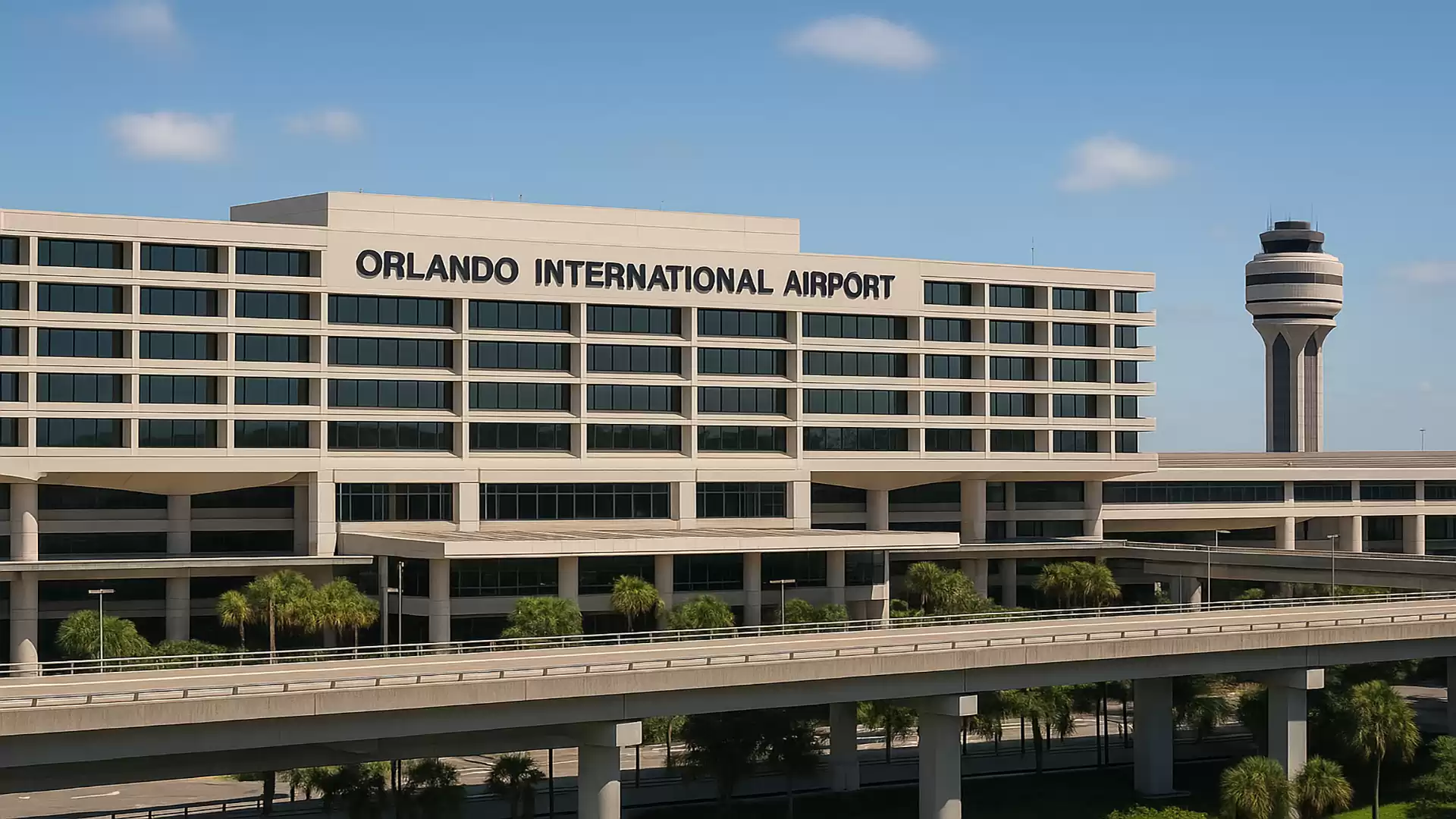 Exterior view of the main building of Orlando International Airport with a prominent control tower in the background on a clear day.