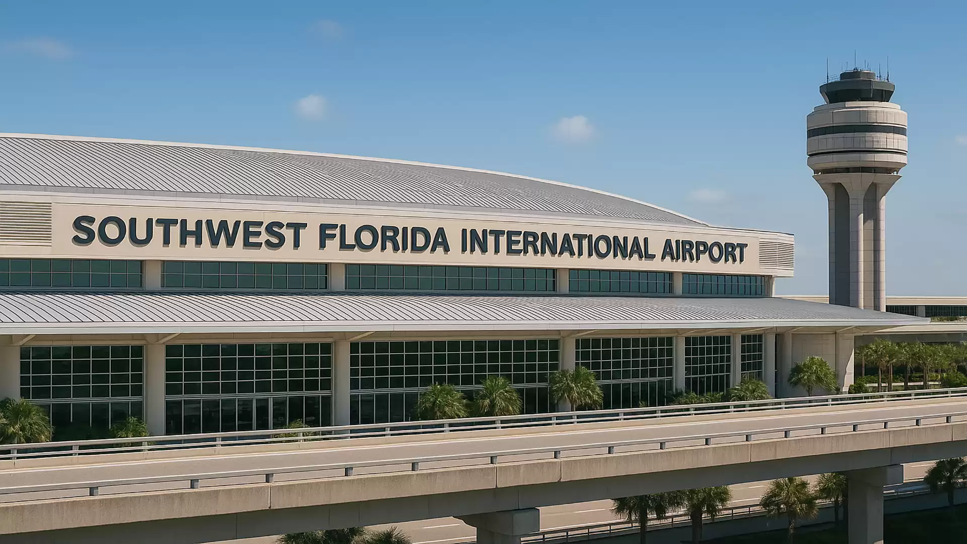The Southwest Florida International Airport with its distinctive control tower and modern architecture.