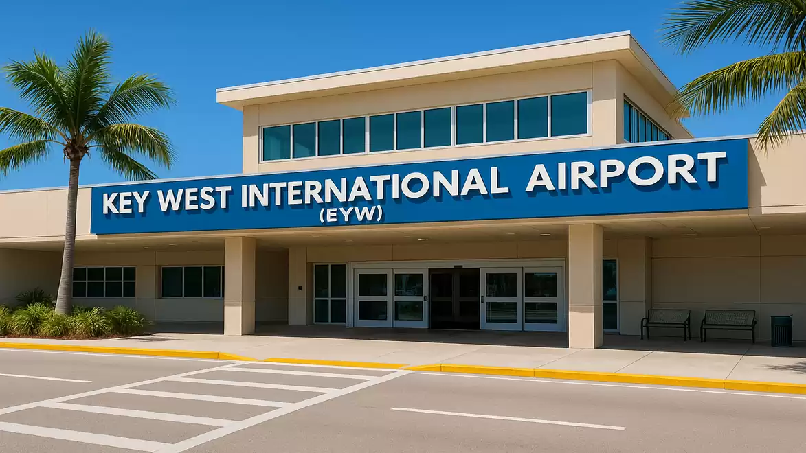 Entrance of Key West International Airport with blue sky and palm trees in the background.