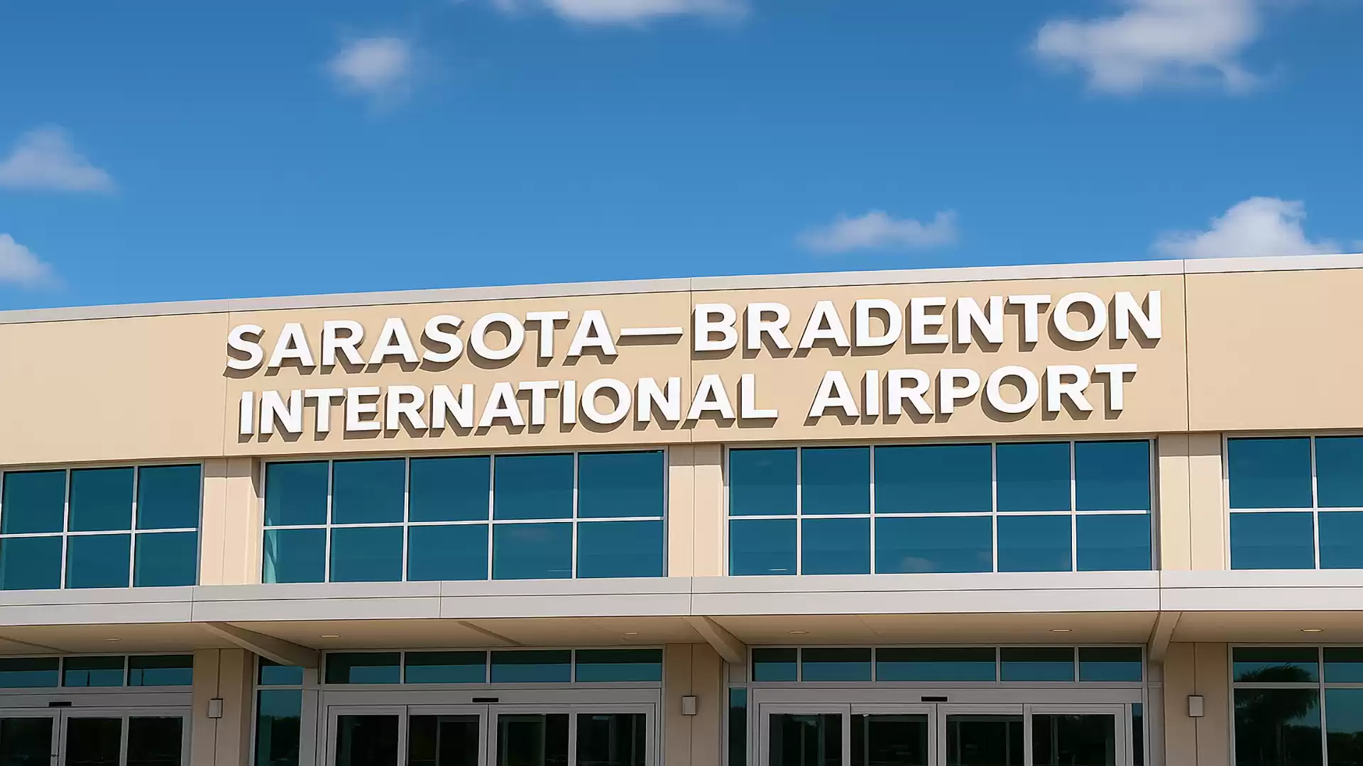 Entrance of Sarasota-Bradenton International Airport with large signage under a blue sky.
