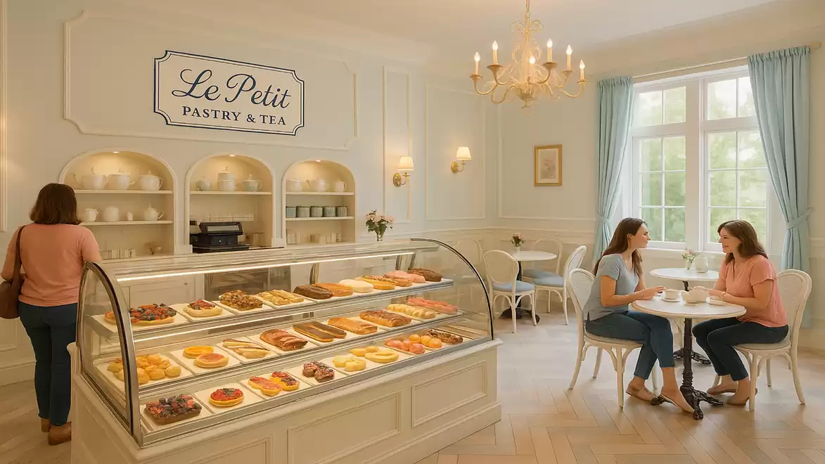 An elegant café with white walls and a chandelier. On the left, a display case shows a variety of pastries. Two women are sitting at a table, chatting.
