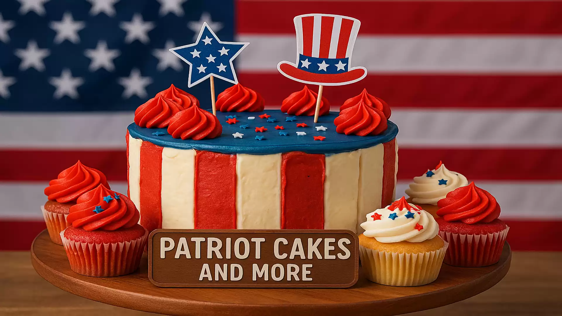 A patriotic cake decorated with red, white, and blue stripes and stars, along with matching cupcakes in front of an American flag.