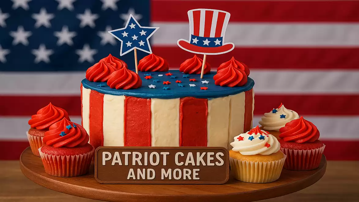 A patriotic cake decorated with red, white, and blue stripes and stars, along with matching cupcakes in front of an American flag.