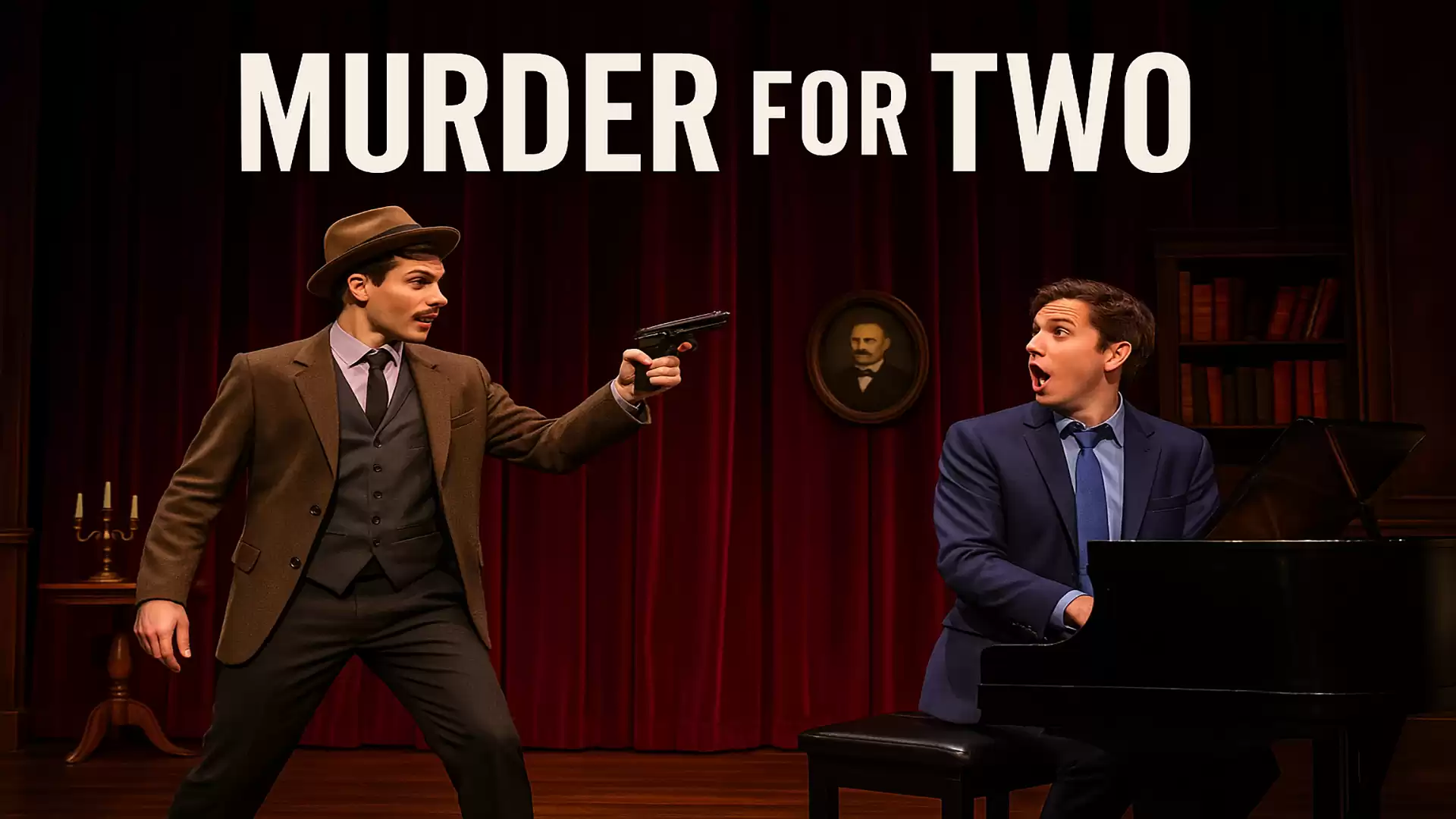 Two men on stage during a performance of the play 'Murder for Two'. One is wearing a suit and holding a gun, while the other sits at a piano looking surprised.