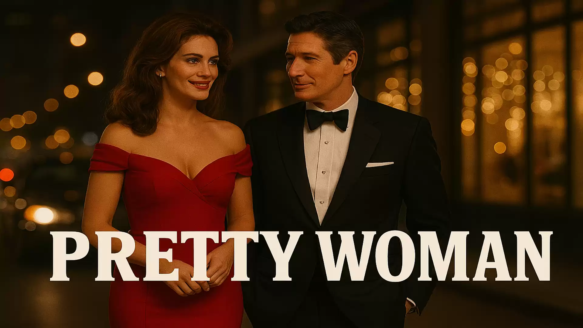 An elegantly dressed man and a woman in a red dress walking together and smiling, with the title 'Pretty Woman' in the foreground.