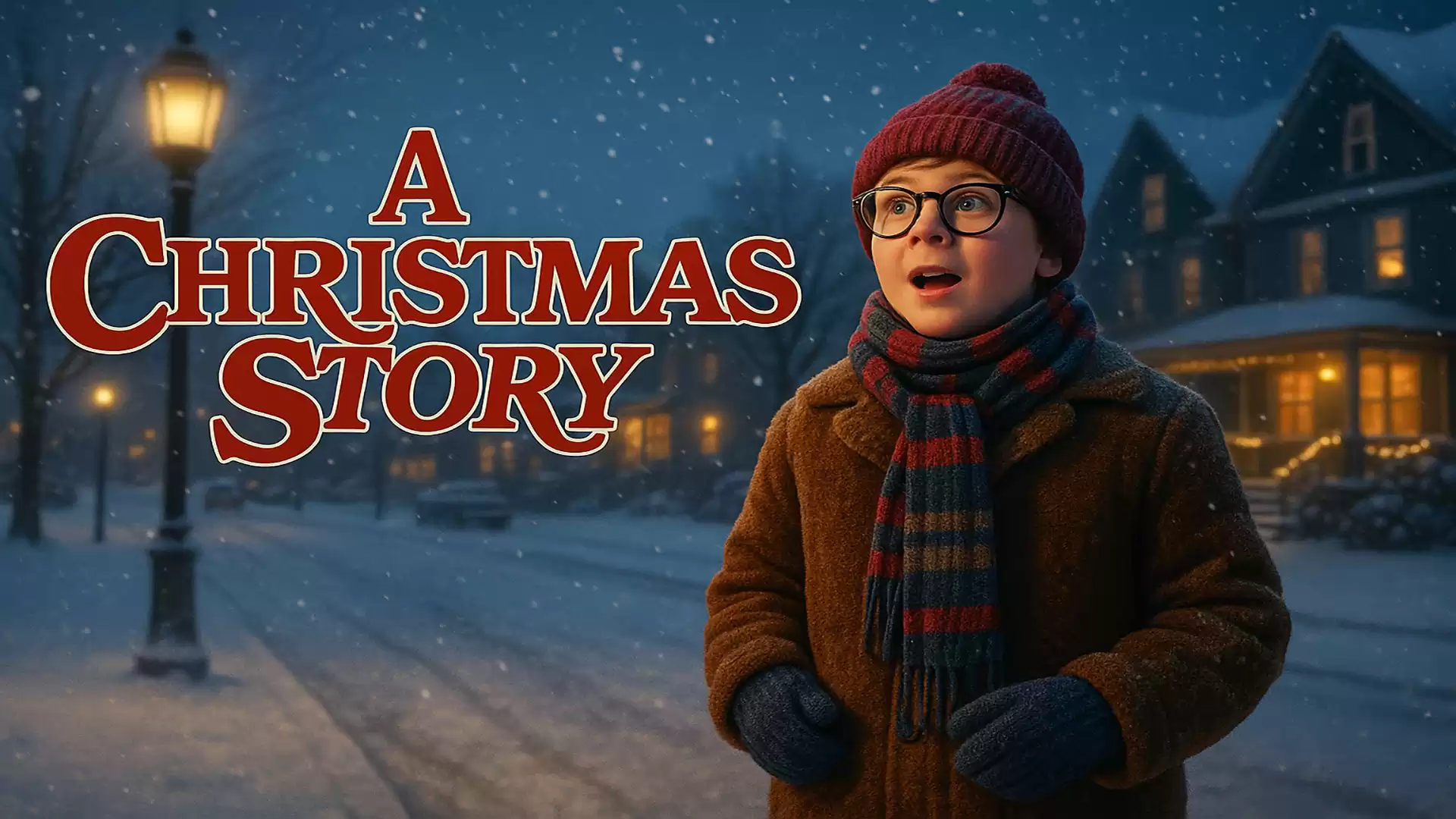 A boy with a red hat and glasses stands on a snowy street, surrounded by houses and a street lamp. The title 'A Christmas Story' is shown in English on the image.